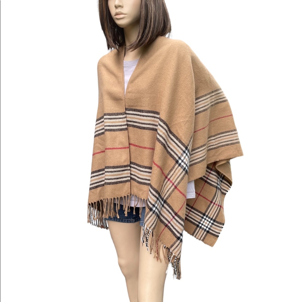 V. Fraas Light Weight Woven Fringed Open Front Shawl Poncho wrap One Size